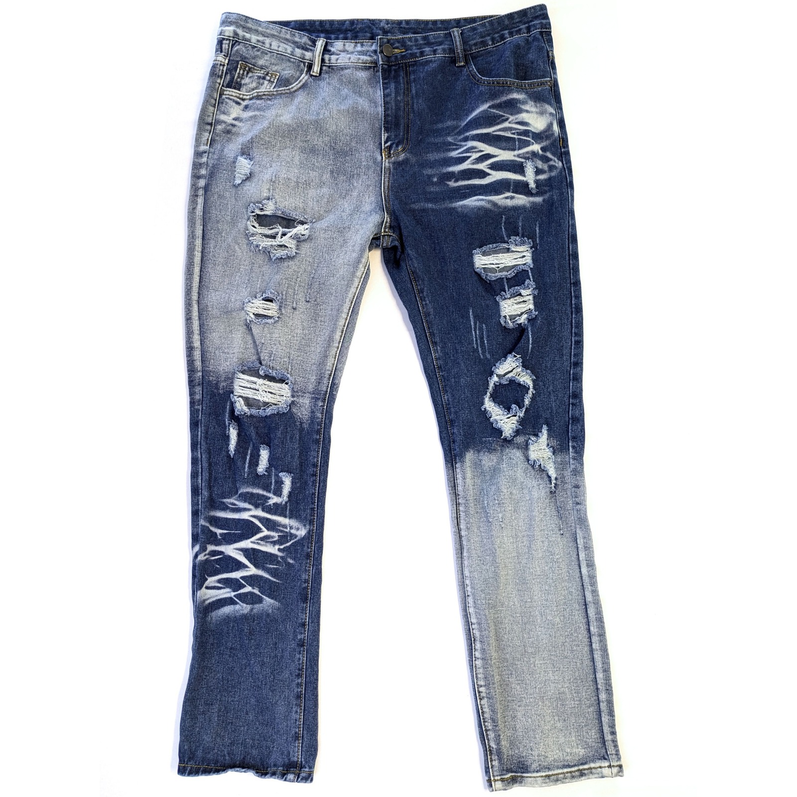 Two Tone Distressed Split Wash Denim Jeans Blue White Size 40 Ripped Streetwear
